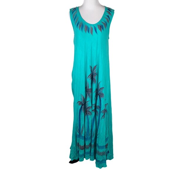 India Boutique Sleeveless Aqua Dress With Palm Tree Print L Swim Coverup - Picture 1 of 7